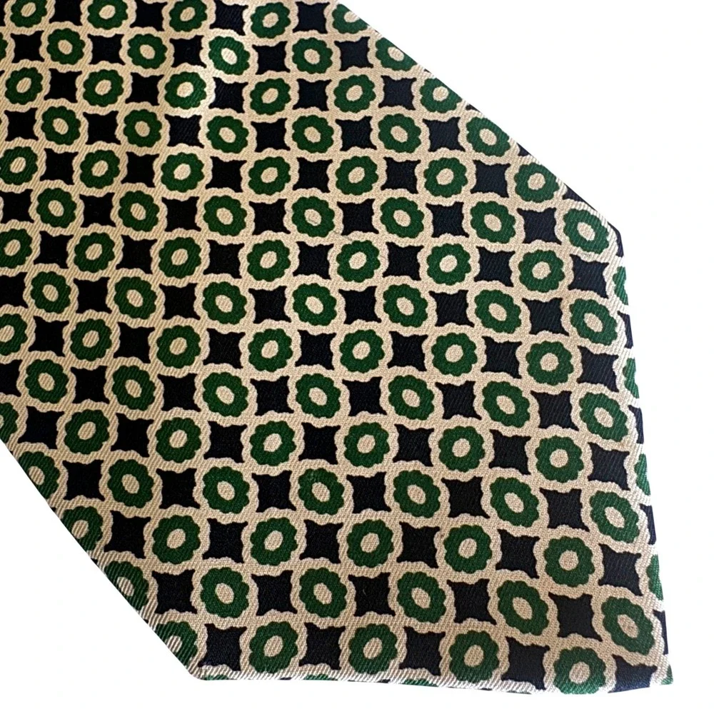 J.Crew Necktie Mens OS Green Navy‎ Geometric Medallion 100% Silk Hand Made USA